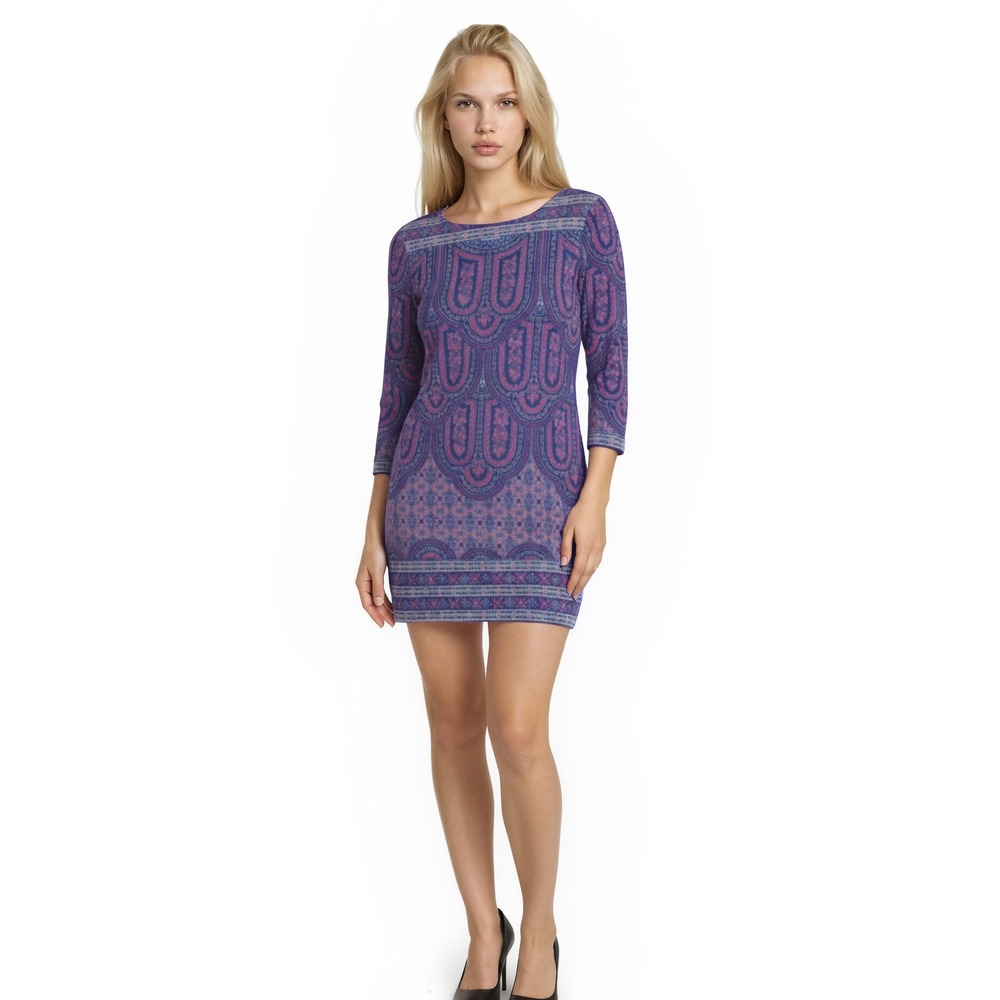 BCBGMAXAZRIA Dress Women's Size Medium Blue Pink Purple Paisley Print Mini Y2K